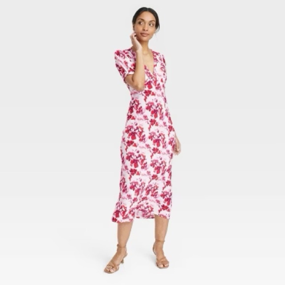 A New Day - Crepe Short Puff Sleeve Midi Dress - Red Floral - S - NWT